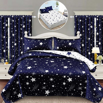 Lenjerie de Pat Finet 1 Persoana cu Elastic – 4 Piese + 2 Draperii Asortate | Set Complet, Calitate Premium | COD: 1425-S