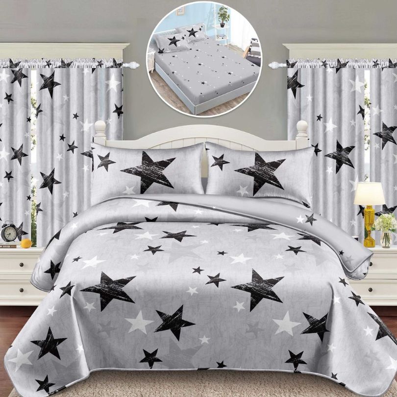 Lenjerie de Pat Finet 1 Persoana cu Elastic – 4 Piese + 2 Draperii Asortate | Set Complet, Calitate Premium | COD: 1427-S