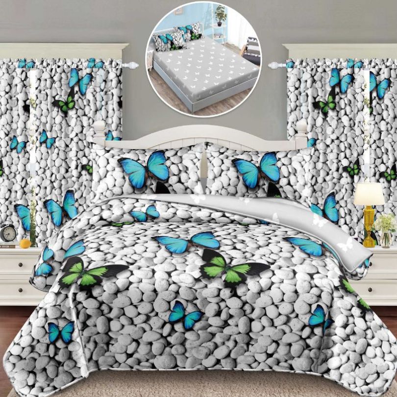 Lenjerie de Pat Finet 1 Persoana cu Elastic – 4 Piese + 2 Draperii Asortate | Set Complet, Calitate Premium | COD: 1438-S