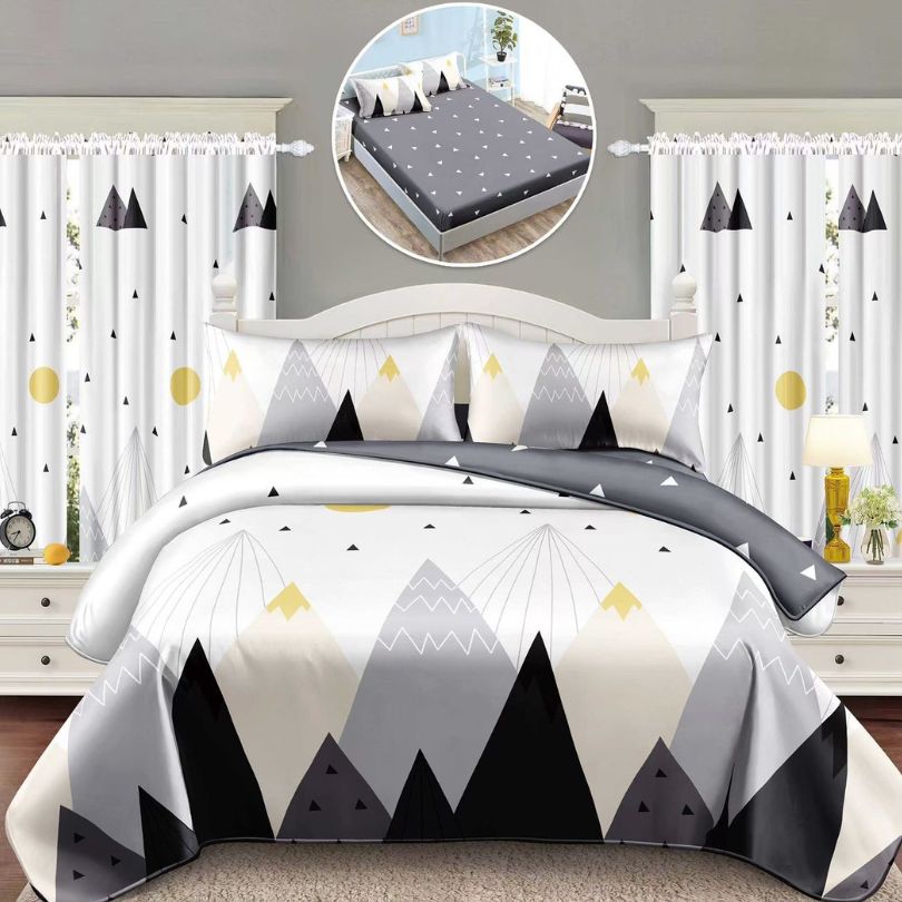 Lenjerie de Pat Finet 1 Persoana cu Elastic – 4 Piese + 2 Draperii Asortate | Set Complet, Calitate Premium | COD: 1441-S