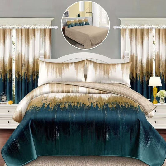 Lenjerie de Pat Finet Bumbac 1 Persoana – 4 Piese + 2 Draperii Asortate | Set Complet cu Design Modern | COD: 1444-S