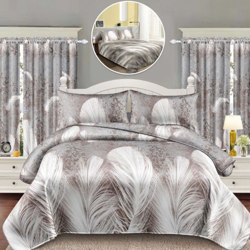 Lenjerie de Pat Finet Bumbac 1 Persoana – 4 Piese + 2 Draperii Asortate | Set Complet cu Design Modern | COD: 1448-S