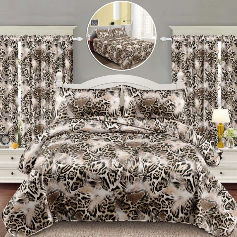 Lenjerie de Pat Finet Bumbac 1 Persoana – 4 Piese + 2 Draperii Asortate | Set Complet cu Design Modern | COD: 1449-S