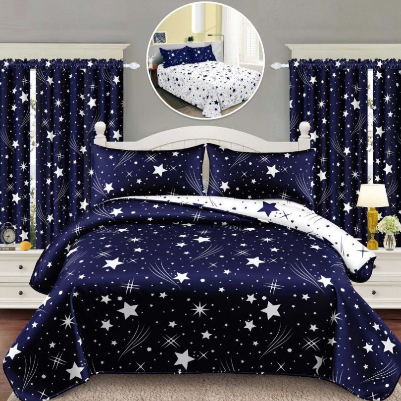 Lenjerie de Pat Finet Bumbac 1 Persoana – 4 Piese + 2 Draperii Asortate | Set Complet cu Design Modern | COD: 1450-S