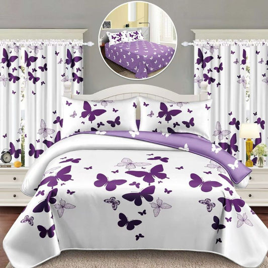 Lenjerie de Pat Finet Bumbac 1 Persoana – 4 Piese + 2 Draperii Asortate | Set Complet cu Design Modern | COD: 1451-S