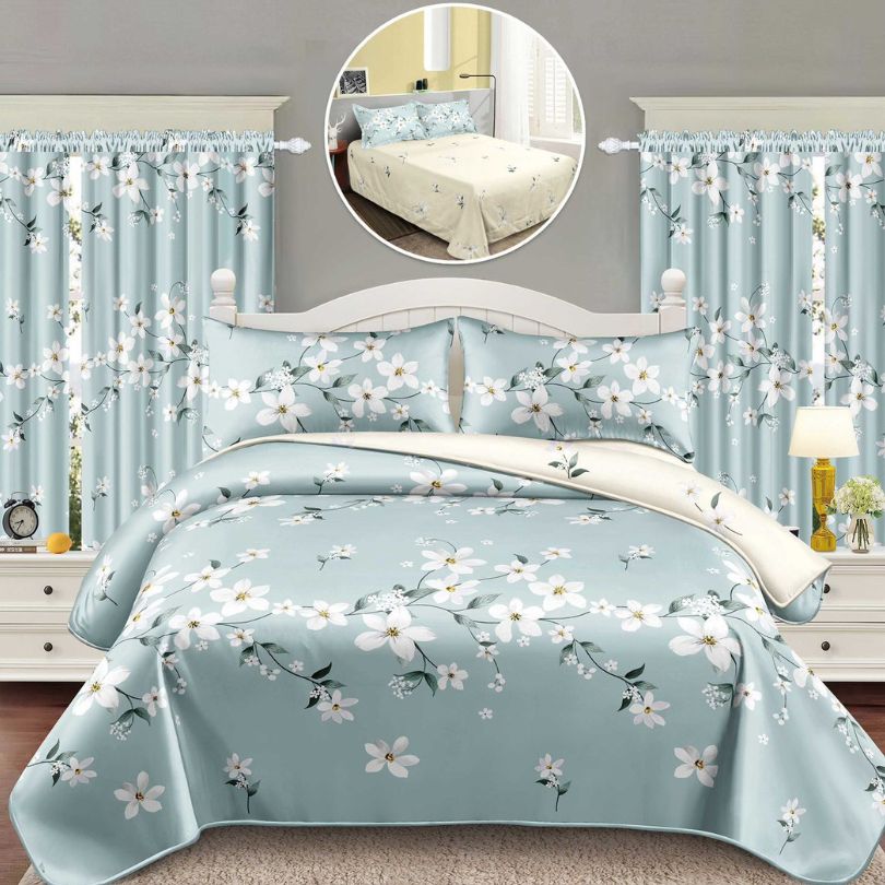 Lenjerie de Pat Finet Bumbac 1 Persoana – 4 Piese + 2 Draperii Asortate | Set Complet cu Design Modern | COD: 1454-S