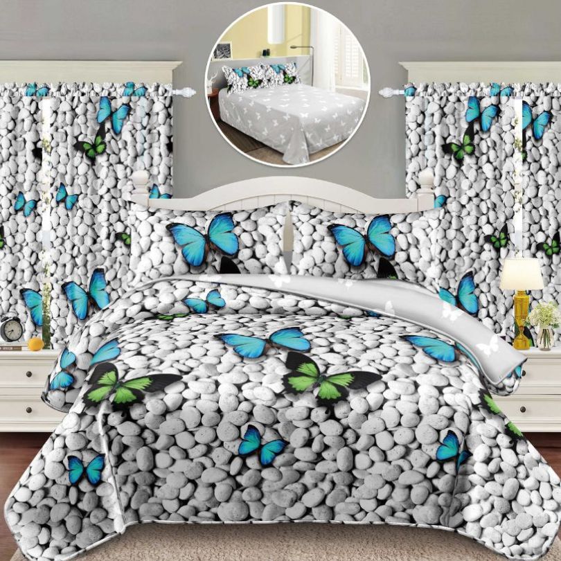 Lenjerie de Pat Finet Bumbac 1 Persoana – 4 Piese + 2 Draperii Asortate | Set Complet cu Design Modern | COD: 1455-S