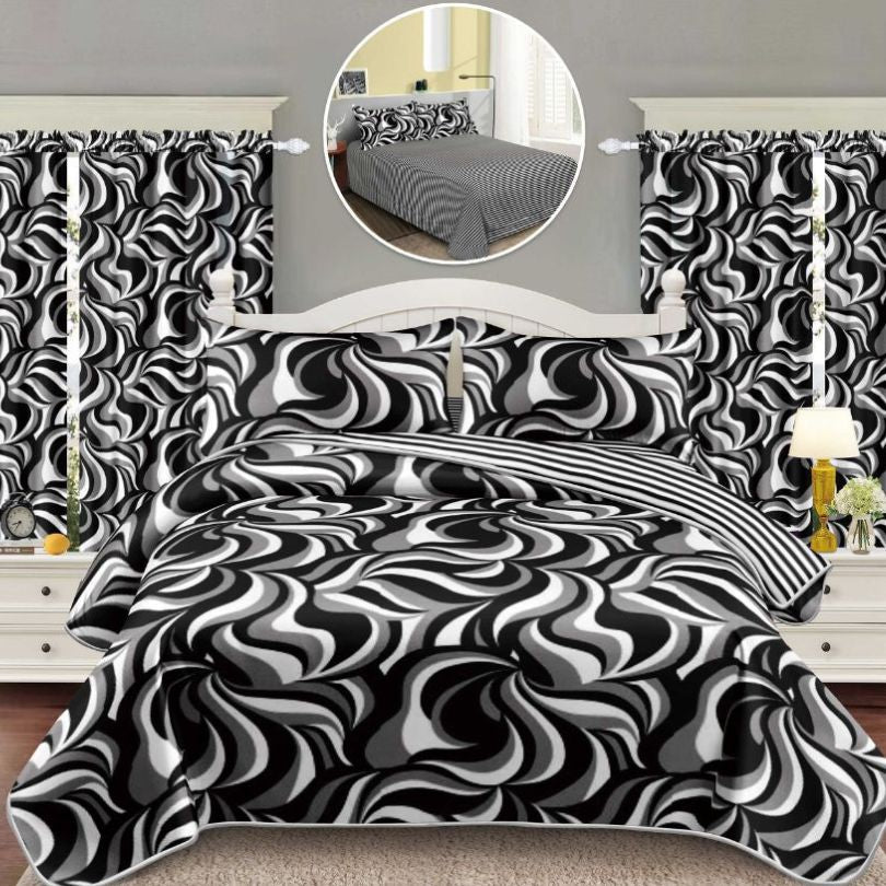 Lenjerie de Pat Finet Bumbac 1 Persoana – 4 Piese + 2 Draperii Asortate | Set Complet cu Design Modern | COD: 1456-S