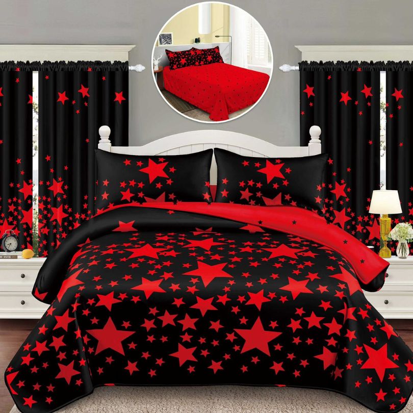 Lenjerie de Pat Finet Bumbac 1 Persoana – 4 Piese + 2 Draperii Asortate | Set Complet cu Design Modern | COD: 1457-S