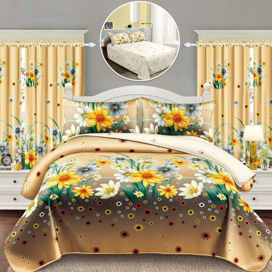 Lenjerie de Pat Finet Bumbac 1 Persoana – 4 Piese + 2 Draperii Asortate | Set Complet cu Design Modern | COD: 1458-S