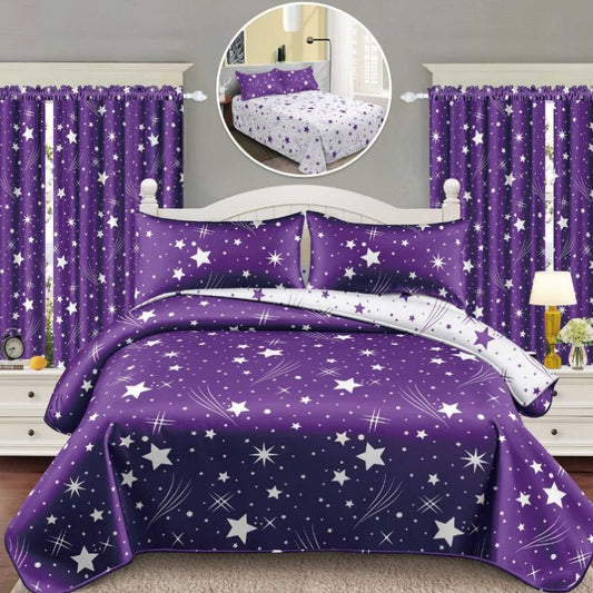 Lenjerie de Pat Finet Bumbac 1 Persoana – 4 Piese + 2 Draperii Asortate | Set Complet cu Design Modern | COD: 1459-S