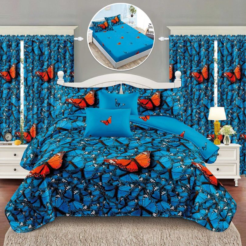 Lenjerie de Pat Finet cu Elastic – 6 Piese + 2 Draperii Asortate | Set Complet Elegant si Practic | COD: 1464-S