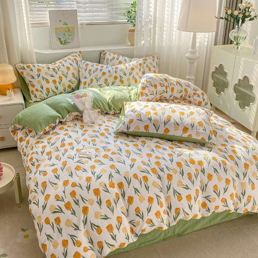 Lenjerie de pat 1 persoana, Finet Creponat, cu elastic, 4 piese, 100% bumbac | 0374-PV