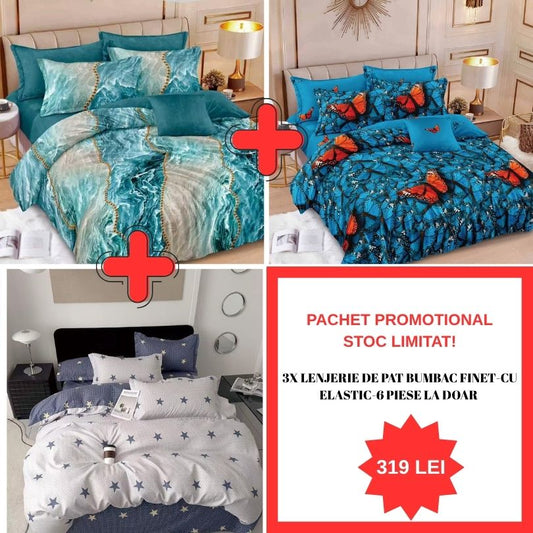 Pachet Promo 1+1+1 – Lenjerie de pat bumbac finet - 6 Piese | 0988-S