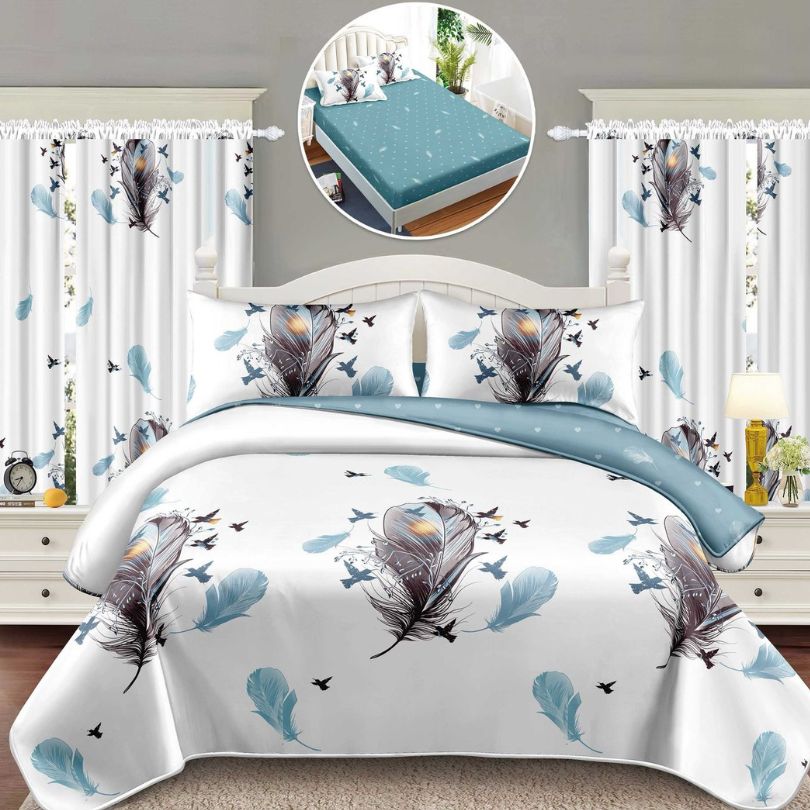 Lenjerie de Pat Finet 1 Persoana cu Elastic – 4 Piese + 2 Draperii Asortate | Set Complet, Calitate Premium | COD: 1423-S