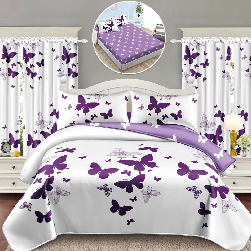 Lenjerie de Pat Finet 1 Persoana cu Elastic – 4 Piese + 2 Draperii Asortate | Set Complet, Calitate Premium | COD: 1424-S