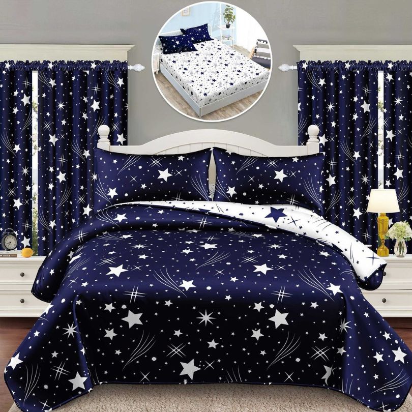 Lenjerie de Pat Finet 1 Persoana cu Elastic – 4 Piese + 2 Draperii Asortate | Set Complet, Calitate Premium | COD: 1425-S