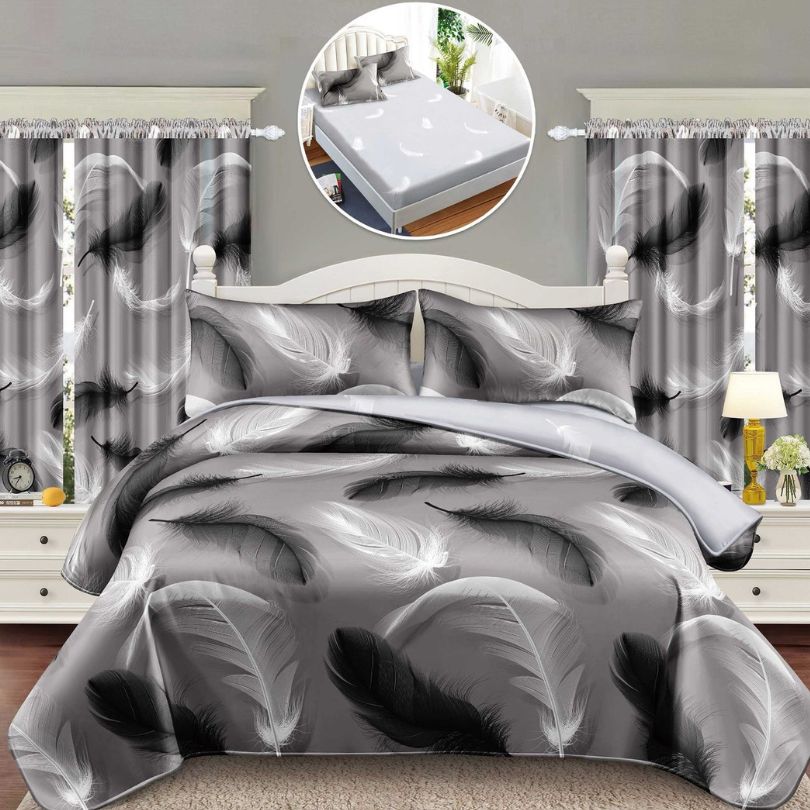 Lenjerie de Pat Finet 1 Persoana cu Elastic – 4 Piese + 2 Draperii Asortate | Set Complet, Calitate Premium | COD: 1428-S