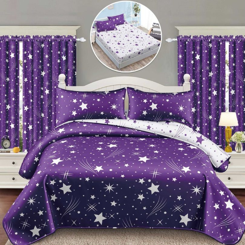 Lenjerie de Pat Finet 1 Persoana cu Elastic – 4 Piese + 2 Draperii Asortate | Set Complet, Calitate Premium | COD: 1429-S