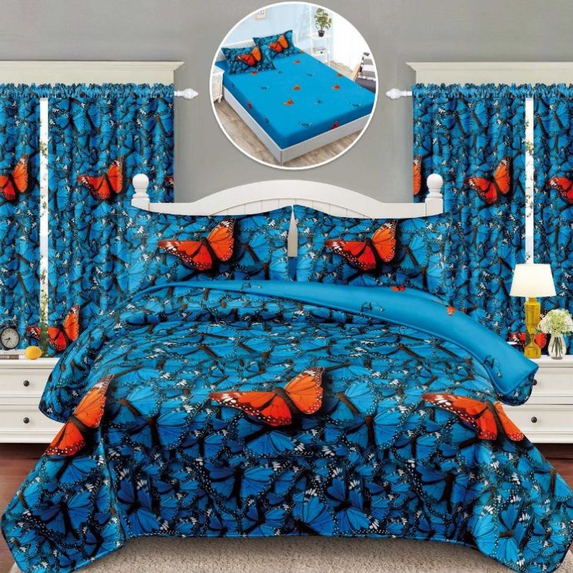 Lenjerie de Pat Finet 1 Persoana cu Elastic – 4 Piese + 2 Draperii Asortate | Set Complet, Calitate Premium | COD: 1432-S