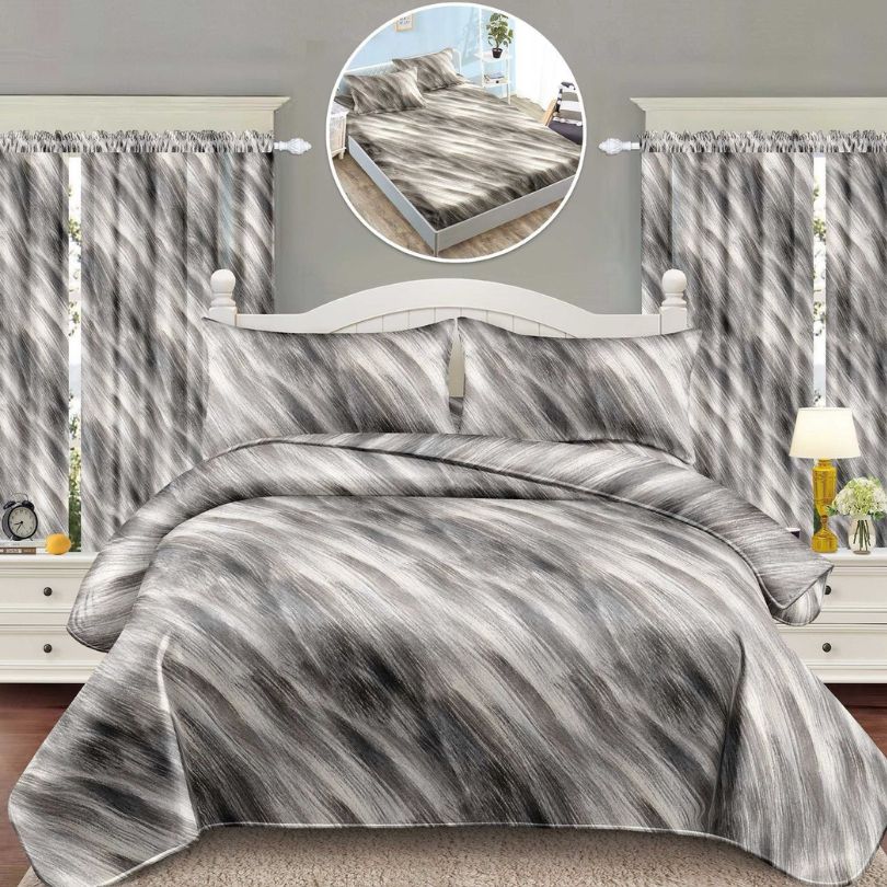 Lenjerie de Pat Finet 1 Persoana cu Elastic – 4 Piese + 2 Draperii Asortate | Set Complet, Calitate Premium | COD: 1433-S