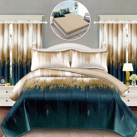 Lenjerie de Pat Finet 1 Persoana cu Elastic – 4 Piese + 2 Draperii Asortate | Set Complet, Calitate Premium | COD: 1435-S