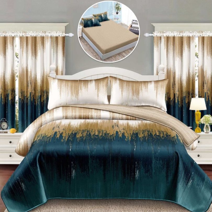 Lenjerie de Pat Finet 1 Persoana cu Elastic – 4 Piese + 2 Draperii Asortate | Set Complet, Calitate Premium | COD: 1435-S