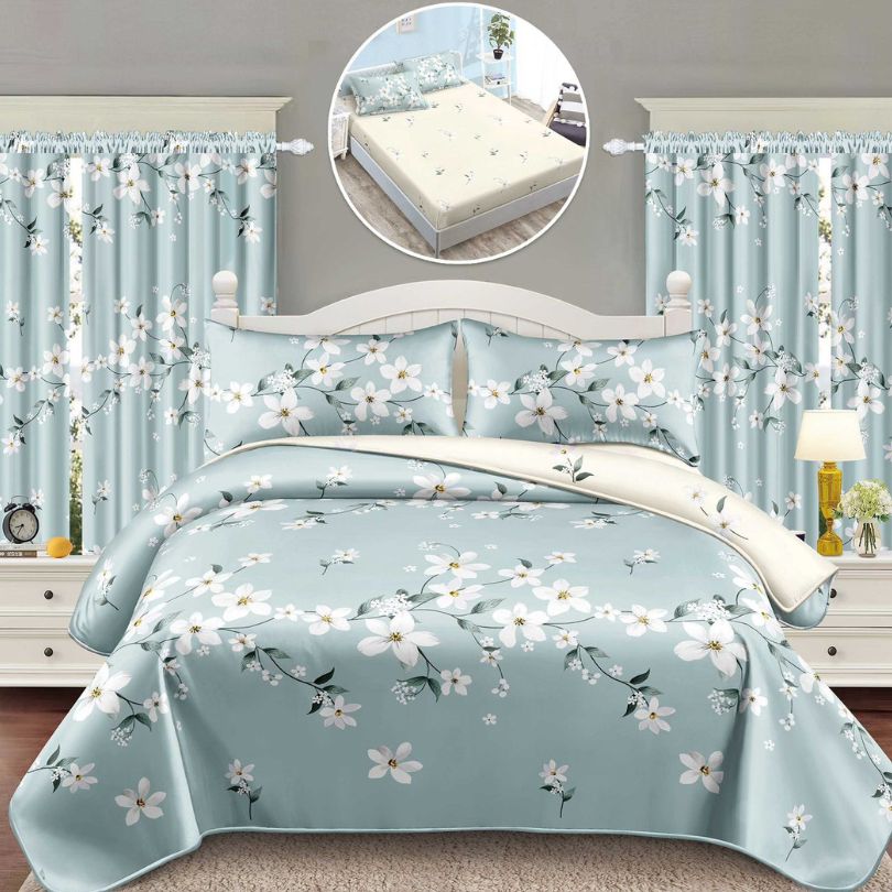 Lenjerie de Pat Finet 1 Persoana cu Elastic – 4 Piese + 2 Draperii Asortate | Set Complet, Calitate Premium | COD: 1437-S