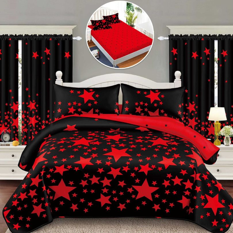 Lenjerie de Pat Finet 1 Persoana cu Elastic – 4 Piese + 2 Draperii Asortate | Set Complet, Calitate Premium | COD: 1439-S