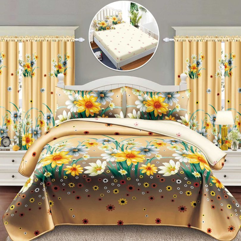 Lenjerie de Pat Finet 1 Persoana cu Elastic – 4 Piese + 2 Draperii Asortate | Set Complet, Calitate Premium | COD: 1440-S