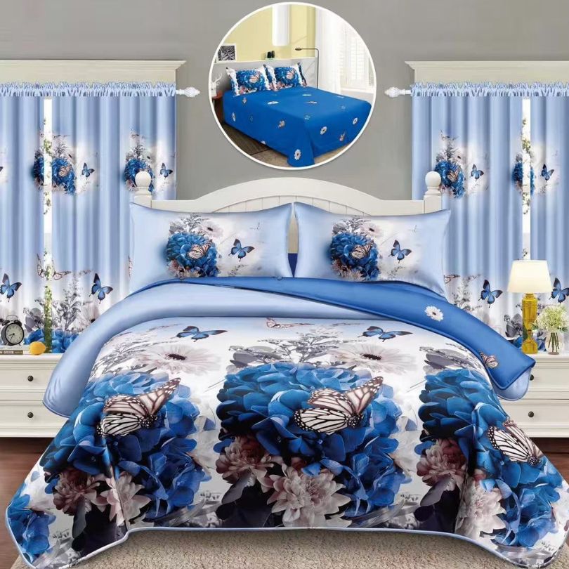 Lenjerie de Pat Finet Bumbac 1 Persoana – 4 Piese + 2 Draperii Asortate | Set Complet cu Design Modern | COD: 1445-S