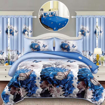 Lenjerie de Pat Finet Bumbac 1 Persoana – 4 Piese + 2 Draperii Asortate | Set Complet cu Design Modern | COD: 1445-S