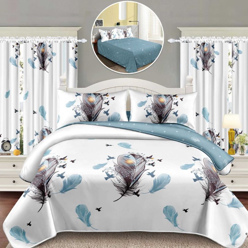 Lenjerie de Pat Finet Bumbac 1 Persoana – 4 Piese + 2 Draperii Asortate | Set Complet cu Design Modern | COD: 1446-S