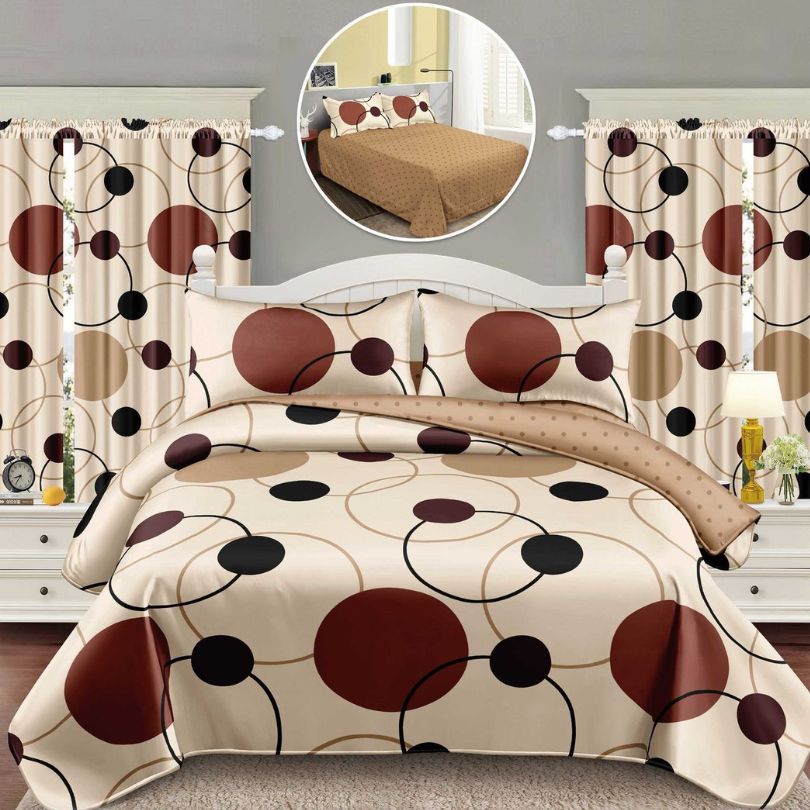 Lenjerie de Pat Finet Bumbac 1 Persoana – 4 Piese + 2 Draperii Asortate | Set Complet cu Design Modern | COD: 1447-S