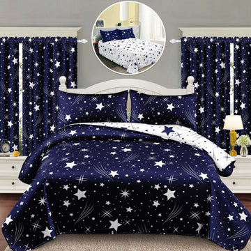 Lenjerie de Pat Finet Bumbac 1 Persoana – 4 Piese + 2 Draperii Asortate | Set Complet cu Design Modern | COD: 1450-S