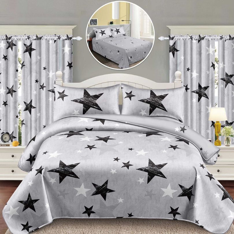 Lenjerie de Pat Finet Bumbac 1 Persoana – 4 Piese + 2 Draperii Asortate | Set Complet cu Design Modern | COD: 1452-S