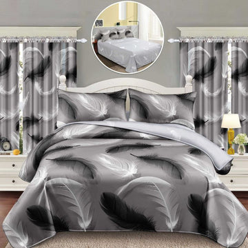 Lenjerie de Pat Finet Bumbac 1 Persoana – 4 Piese + 2 Draperii Asortate | Set Complet cu Design Modern | COD: 1453-S