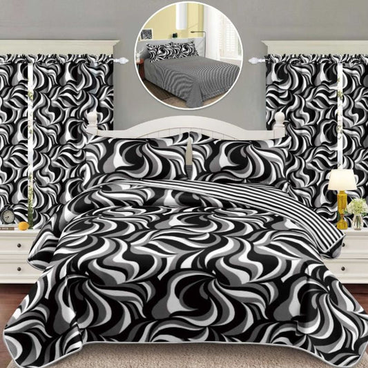 Lenjerie de Pat Finet Bumbac 1 Persoana – 4 Piese + 2 Draperii Asortate | Set Complet cu Design Modern | COD: 1456-S