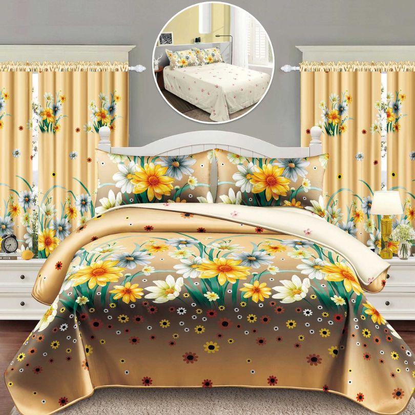 Lenjerie de Pat Finet Bumbac 1 Persoana – 4 Piese + 2 Draperii Asortate | Set Complet cu Design Modern | COD: 1458-S