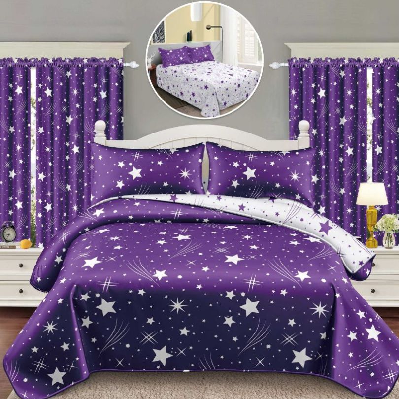 Lenjerie de Pat Finet Bumbac 1 Persoana – 4 Piese + 2 Draperii Asortate | Set Complet cu Design Modern | COD: 1459-S