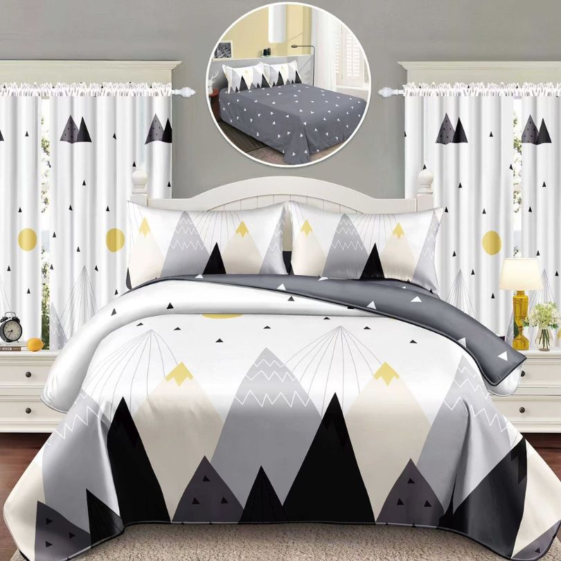 Lenjerie de Pat Finet Bumbac 1 Persoana – 4 Piese + 2 Draperii Asortate | Set Complet cu Design Modern | COD: 1460-S