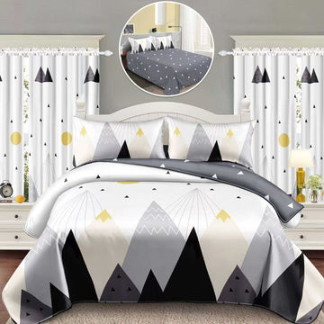 Lenjerie de Pat Finet Bumbac 1 Persoana – 4 Piese + 2 Draperii Asortate | Set Complet cu Design Modern | COD: 1460-S