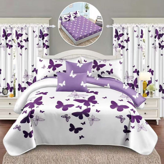 Lenjerie de Pat Finet cu Elastic – 6 Piese + 2 Draperii Asortate | Set Complet Elegant si Practic | COD: 1466-S