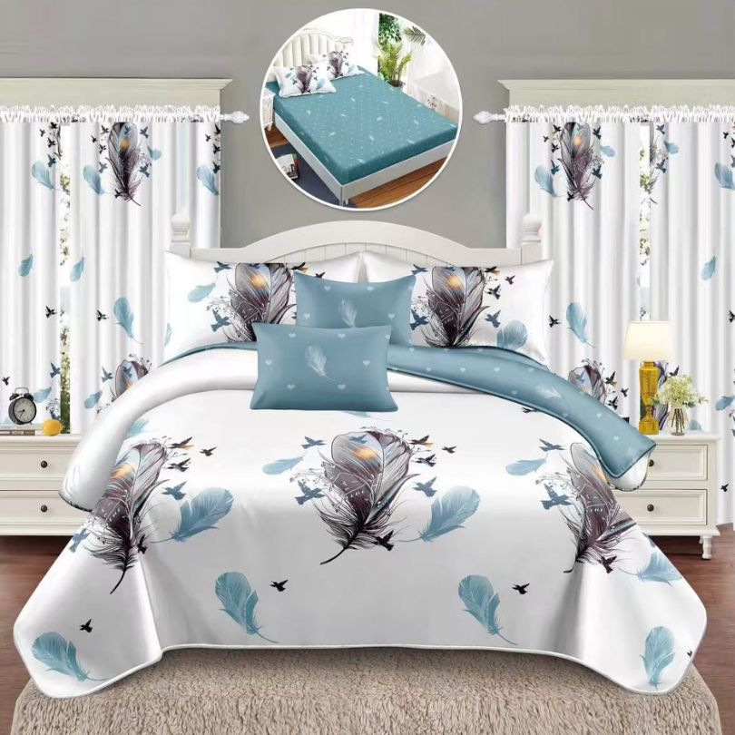 Lenjerie de Pat Finet cu Elastic – 6 Piese + 2 Draperii Asortate | Set Complet Elegant si Practic | COD: 1467-S