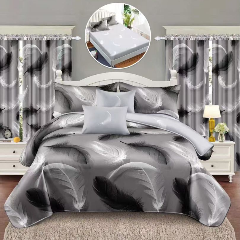 Lenjerie de Pat Finet cu Elastic – 6 Piese + 2 Draperii Asortate | Set Complet Elegant si Practic | COD: 1470-S