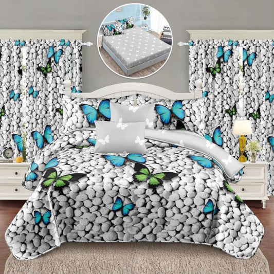 Lenjerie de Pat Finet cu Elastic – 6 Piese + 2 Draperii Asortate | Set Complet Elegant si Practic | COD: 1475-S