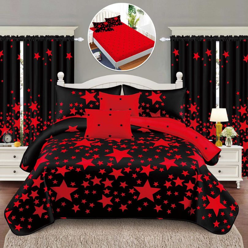 Lenjerie de Pat Finet cu Elastic – 6 Piese + 2 Draperii Asortate | Set Complet Elegant si Practic | COD: 1476-S