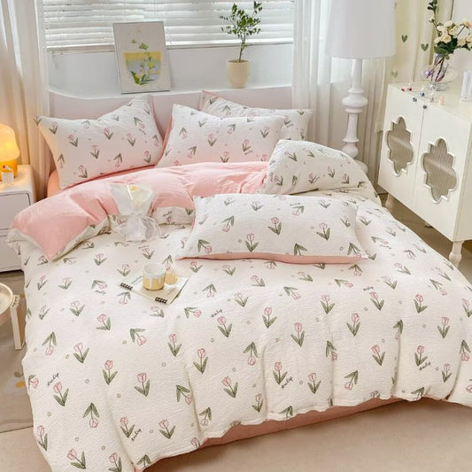 Lenjerie de pat 1 persoana, Finet Creponat, cu elastic, 4 piese, 100% bumbac | 0378-PV