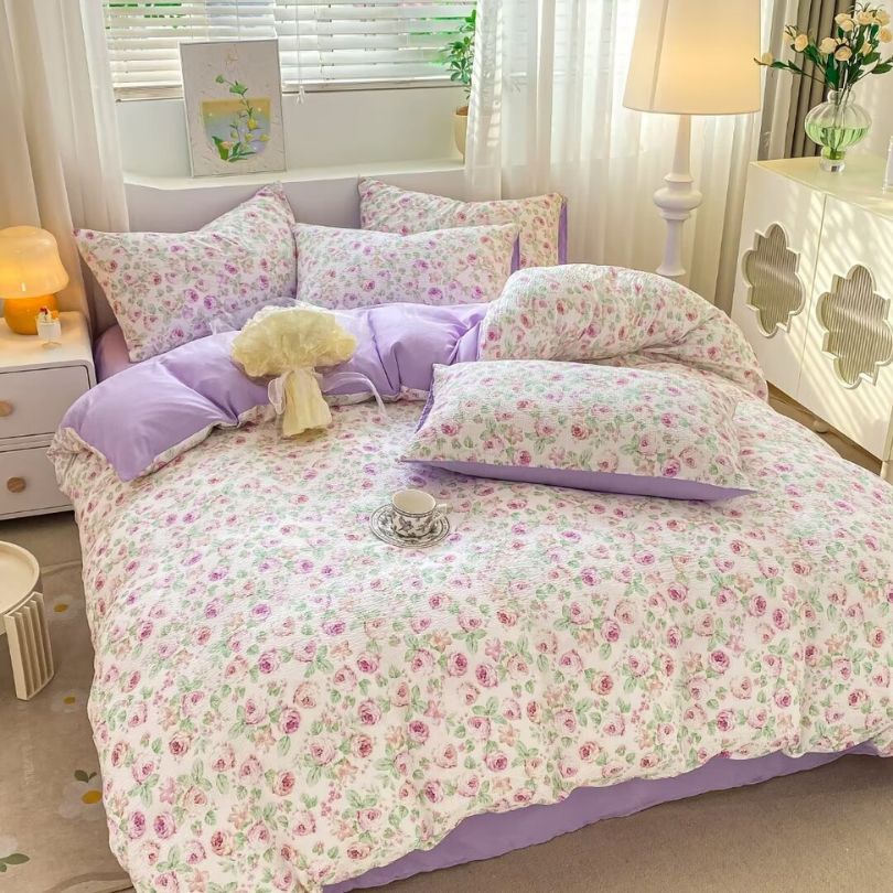 Lenjerie de pat 1 persoana, Finet Creponat, cu elastic, 4 piese, 100% bumbac | 0383-PV