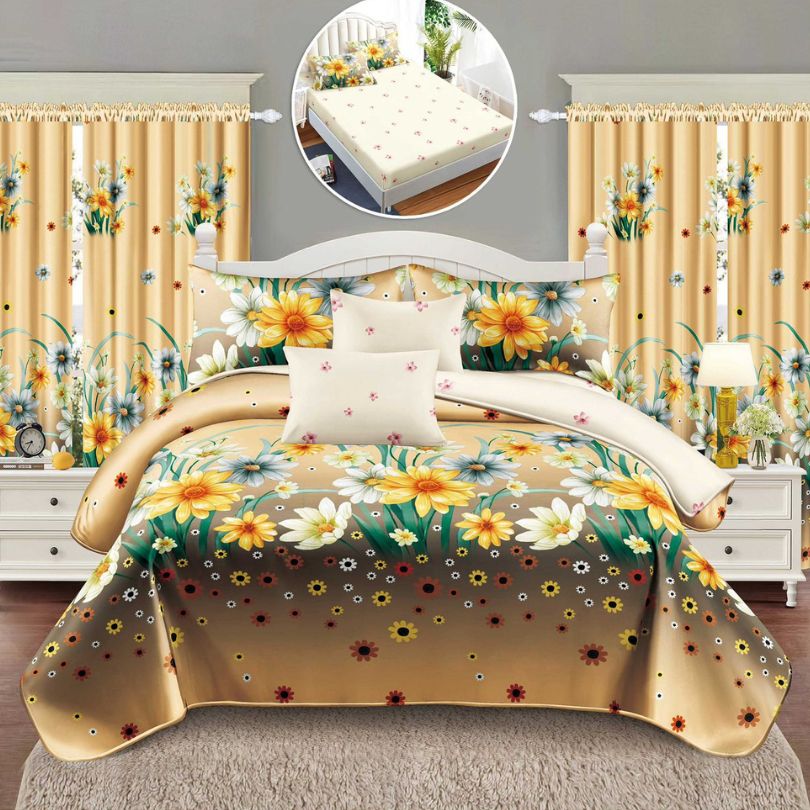 Lenjerie de pat 8 piese, cearceaf cu elastic, draperii incluse, set complet și elegant | 3216-S 